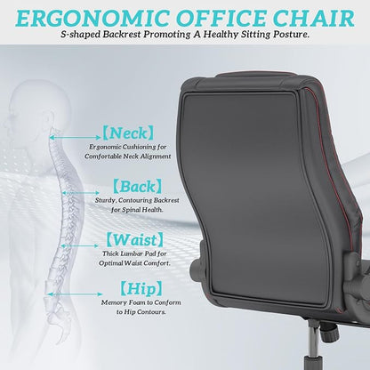 GYI High Back Executive Office Desk Chair, Leather Computer Chair, Black | 2.6"Rubber Wheels, Flip-up Arms, Heavy Duty Base, Thick Padded Seat, Lumbar Support, Home, Conference Rooms, Reception Areas