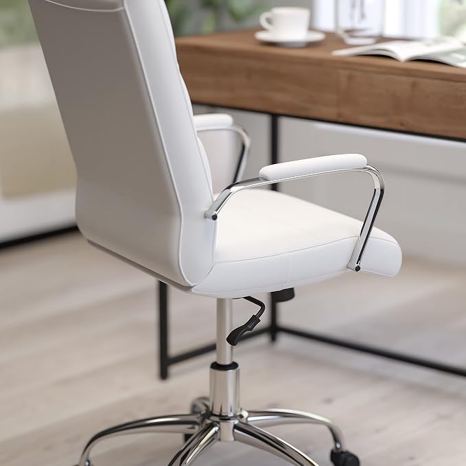 Merrick Lane Milano Contemporary High-Back Office Chair - White Leather Upholstery- Chrome Metal Frame