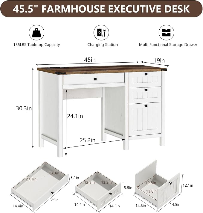 Farmhouse Executive Desk 45 inch Computer Desk with 4 Drawers, Smart Charging Station, Home Office & Study Room Essential for Remote Workers, Professionals & Students.Antique White