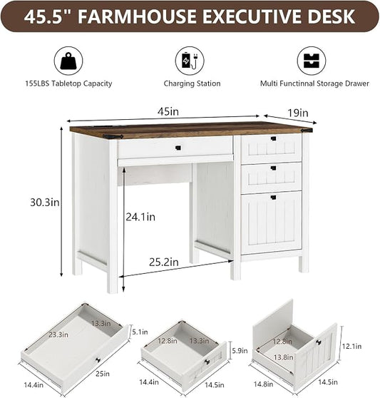 Farmhouse Executive Desk 45 inch Computer Desk with 4 Drawers, Smart Charging Station, Home Office & Study Room Essential for Remote Workers, Professionals & Students.Antique White