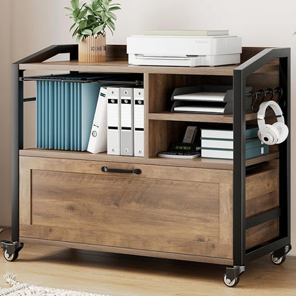 HSH Mobile Lateral File Cabinet with Drawer, Rolling Filing Cabinet for Legal Letter Size, Printer Stand with Storage Shelf, Lockable Wheels, Hanging File Organizer for Home Office, Rustic Oak, 33Inch