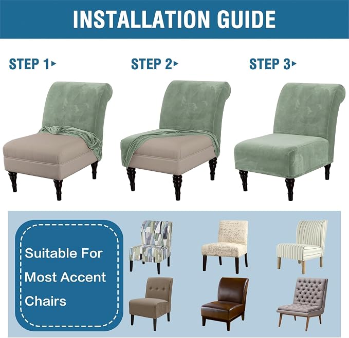 H.VERSAILTEX Armless Accent Chair Covers Thick Velvet Armless Chair Slipcovers High Stretch Chair Covers for Living Room Hotel Machine Washable Furniture Protector with Elastic Bottom(Small, Seagrass)