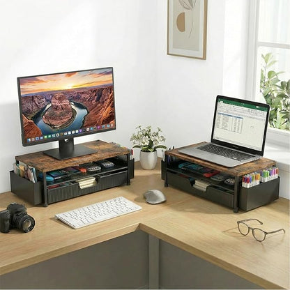 ECOLOVI Desk Organizer and Accessories, 2-Tier Computer Monitor Stand Rise with Storage Drawer & 2 Pen Holders, Laptop & Printer Stand for Desktop, Workspace Organizers for Office Supplies (Brown)