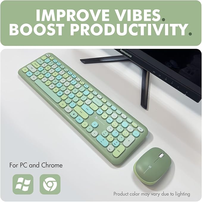 X9 Green Wireless Keyboard and Mouse Combo – 2.4G and Bluetooth Connectivity, Retro Typewriter-Style Wireless Keyboard and Mouse Set, Colorful Bubble Keyboard for Aesthetic Workspaces