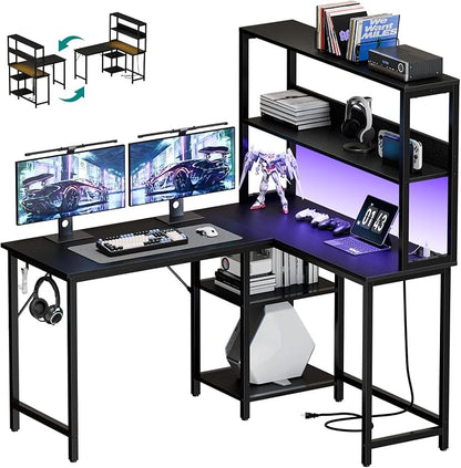 OLIXIS 43 in L Shaped Desk Computer Gaming Desk with Power Outlets & LED Lights, Reversible Corner Home Office Table with Adjustable Shelf & CPU Stand, Black