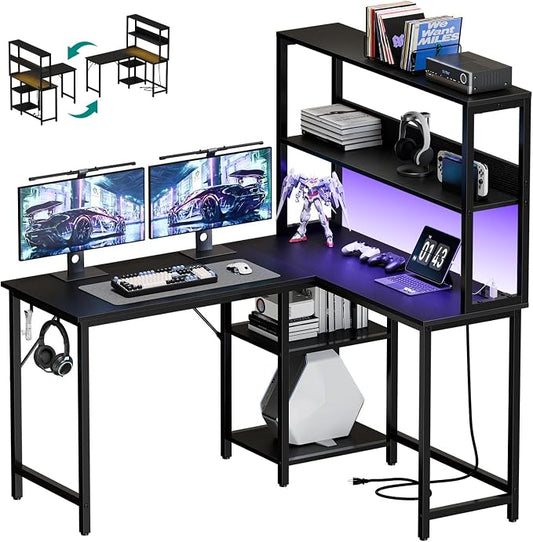 OLIXIS 43 in L Shaped Desk Computer Gaming Desk with Power Outlets & LED Lights, Reversible Corner Home Office Table with Adjustable Shelf & CPU Stand, Black
