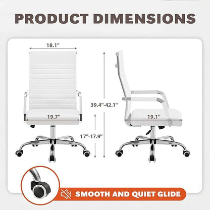 Furmax Ergonomic Office Desk Chair, Executive Ribbed Mid-Back PU Leather Conference Room Chair Adjustable Swivel Chair with Arms (2, White)