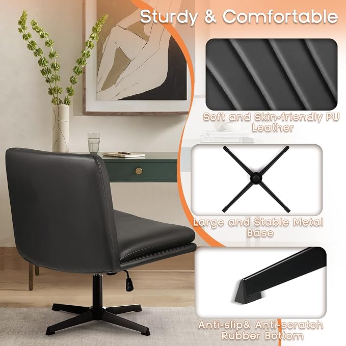 PUKAMI Criss Cross Chair,Comfy Cross Legged Office Desk Chair No Wheels,Modern Fabric Swivel Adjustable Height Mid Back Wide Seat for Home Office Computer (Pu Grey)