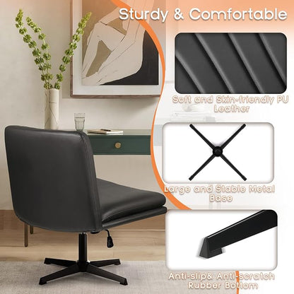 PUKAMI Criss Cross Chair,Comfy Cross Legged Office Desk Chair No Wheels,Modern Fabric Swivel Adjustable Height Mid Back Wide Seat for Home Office Computer (Pu Grey)
