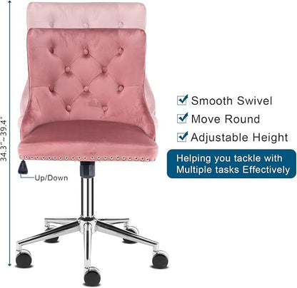 VINGLI Velvet Office Chair - Modern Upholstered Desk Chair with Adjustable Height, Tilting Mechanism, and Rolling Wheels - Pink