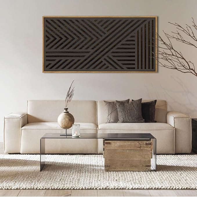IARTTOP Extra Large Wood Black Wall Art 20x40 Inch Framed Abstract Geometric Wooden Wall Decor Modern Minimalist Neutral Wall Sculpture for Living room Bedroom Dining room Single
