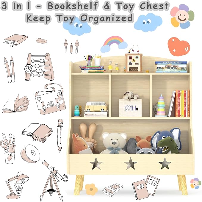 Adompacat Cube Bookshelf Storage Organizer Bookcase, Wide Open Storage Bookcase for Toddlers, Freestanding Display Bookshelve, Modern Toy Shelf for Bedroom, Living Room, Nursery and Classroom(Oak)