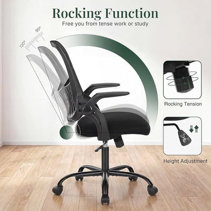 Home Office Desk Chair, Ergonomic Mid-Back Mesh Computer Task Chair with Comfortable Lumbar Support, Height Adjustable Swivel with Flip-up Armrest for Adults, Student, Black