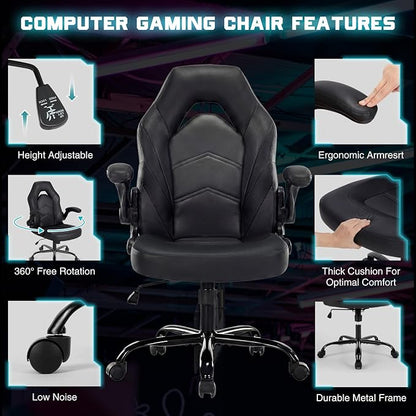 Sweetcrispy Computer Gaming Desk Chair: Big Tall Ergonomic Lumbar Support with Flip-up Armrest and 360° Swivel Wheels, PU Leather Height Adjustable, for Home and Office, Black