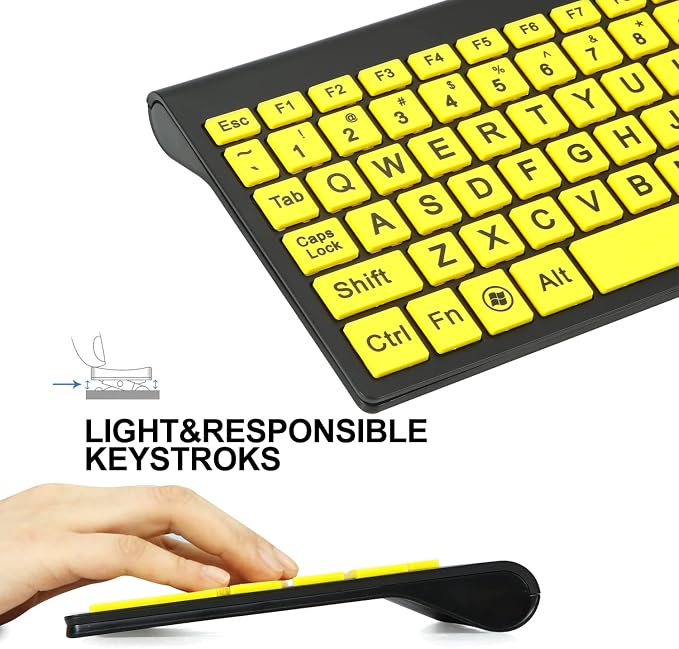 Full Size Large Print 2.4g Wireless Keyboard and Mouse with Oversized Print for Visually Impaired Low Vision Individuals (Yellow)