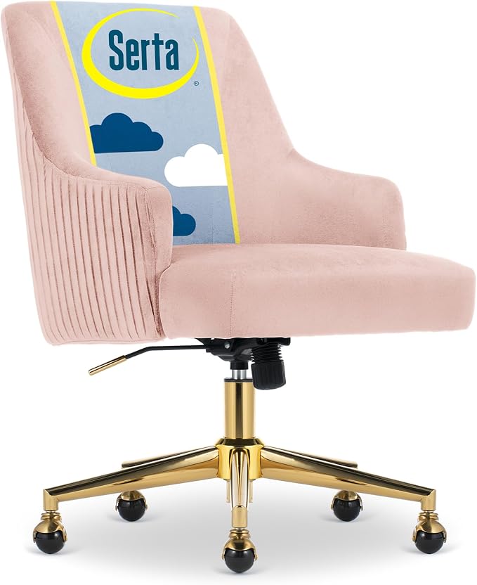 Serta Scarlett Modern Office Chair, Pleated and Curved Mid-Back Desk Chair, Pocket Coil Seat Cushion, Padded Armrests, Vanity Armchair with Wheels, Swivel Gold Base, Pink Velvet Fabric