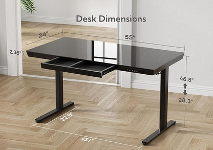 Claiks Glass Standing Desk with Drawers, 55 Inch Adjustable Stand Up Desk, Quick Install Home Office Computer Desk with USB Ports, Black