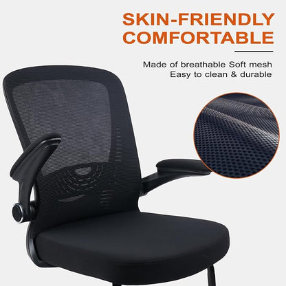 CLATINA Office Guest Chair no Wheels with Lumbar Support and Flip-up Armrest Mid Back Mesh Space Air Grid Series Sled Base for Reception Conference Room Black Set of 2