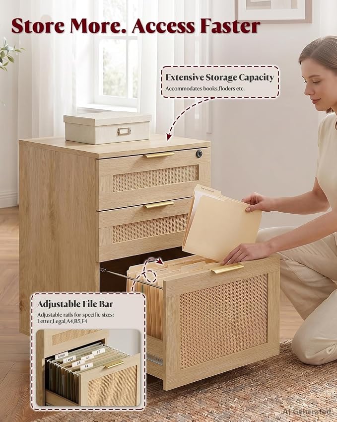 HOPUBUY 3 Drawer File Cabinet with Lock, Small Rattan Filing Cabinets with Wheels, Wood Rolling Office Storage for Under Desk Home Office,Natural