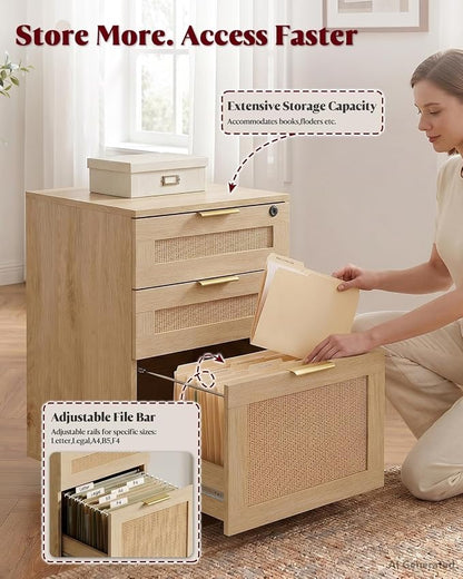 HOPUBUY 3 Drawer File Cabinet with Lock, Small Rattan Filing Cabinets with Wheels, Wood Rolling Office Storage for Under Desk Home Office,Natural