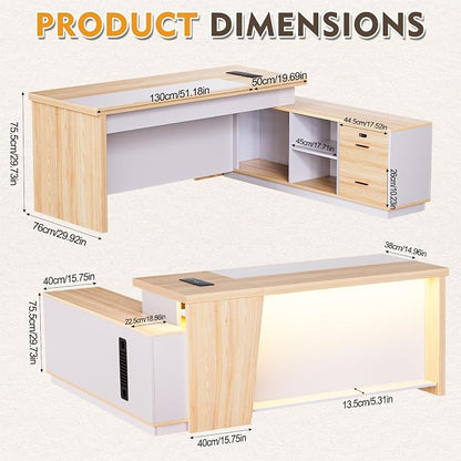 L-Shaped Executive Desk with LED Lights, Modern Reception Desk with AC Power Outlets/USB/Type-C, Executive Workstation with Locked Storage Cabinet, for Office (Wood/Beige, 51.18"L/29.92"W/29.73"H")