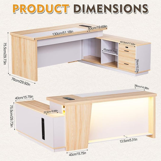 L-Shaped Executive Desk with LED Lights, Modern Reception Desk with AC Power Outlets/USB/Type-C, Executive Workstation with Locked Storage Cabinet, for Office (Wood/Beige, 51.18"L/29.92"W/29.73"H")