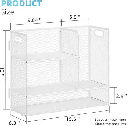 Marbrasse 3-Tier Desk Shelf Organizer with Handle, Desktop Bookshelf File Holder, Mesh Display Shelf Organizer Storage Rack for Office, Home, Supplies, Kitchen (White)
