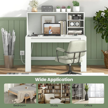 GOFLAME Computer Desk with Hutch, Home Office Desk with 2 Power Outlets, USB & Type-c Charging Ports, 3 Storage Shelves, Cable Hole, Writing Desk, Modern White Laptop PC Desk for Study, Office