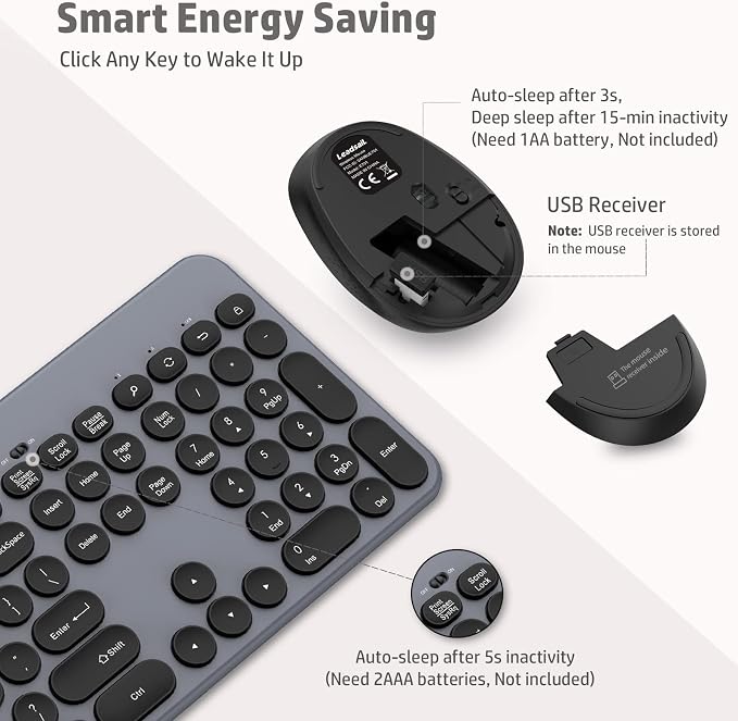 LeadsaiL Wireless Keyboard and Mouse Combo, Full-Sized Ergonomic Computer Keyboard with Phone Tablet Holder, 2.4GHz Silent Cordless Keyboard Mouse Set for Windows Laptop, PC, Desktop - Grey
