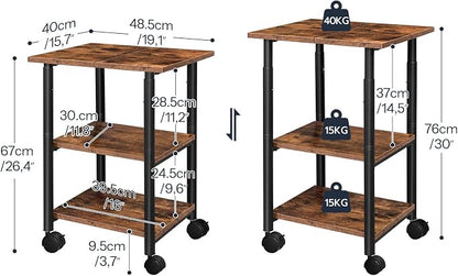 HOOBRO Printer Stand, 3-Tier Industrial Under Desk Printer Cart with Shelf, Mobile Heavy Duty Storage Rack on Wheels for Home, Office Rustic Brown and Black BF03PS01G1