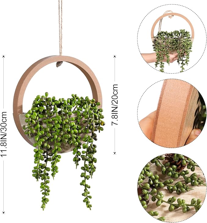 2 Pack Fake Plants Artificial Wall Hanging Plants, Boho Hanging Planter Fake Succulents Artificial String of Pearls in Wooden Pots with Lanyard for Home Office Wall Decoration