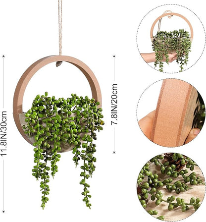 2 Pack Fake Plants Artificial Wall Hanging Plants, Boho Hanging Planter Fake Succulents Artificial String of Pearls in Wooden Pots with Lanyard for Home Office Wall Decoration