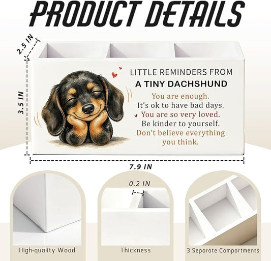 Positive Dachshund Pen Pencil Holder Desk Decor Gifts for Women | Cute Dachshund Inspirational Pen Pencil Wooden Organizer Office Desk Accessories Decor for Dorm Room Bedroom Tabletop