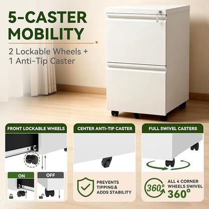 SAWJEC 2 Drawer Mobile File Cabinet with Lock, Fully Assembled Rolling Metal Filing Cabinet for Home Office, Vertical Locking File Cabinet with Wheels, Fits Letter/Legal/A4, White, 17"D x 15"W x 26"H