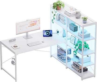 Pamray L Shaped Computer Desk with Reversible Side Storage Shelves, 49 Inch Gaming Desk with Power Outlets and Led Lights, PC Table for Home Office and Bedroom White