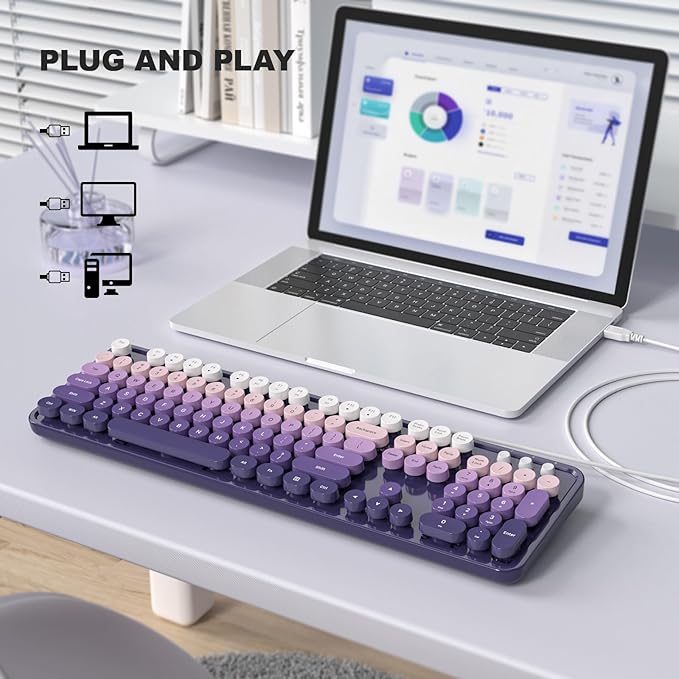 MOWUX Computer Keyboard Wired, Plug and Play USB Retro Round Typewriter Keyboard, Full Size Wired Keyboard with Foldable Stands for Laptop and Office PC- Purple Gradient