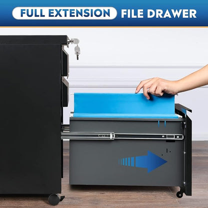 DEVAISE 3 Drawer Mobile File Cabinet with Lock, Under Desk Metal Filing Cabinet for Home Office/Legal/Letter/A4 File, Fully Assembled Except Wheels, Black