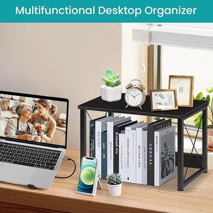 ELITEROO Desktop Printer Stand With Storage, Table Stand Small Desk Shelves Organizer for Home/Office, Multi-Purpose Heavy Duty Riser for Fax Machine Copier Scanner (Black)