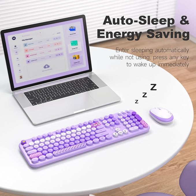MOFII Wireless Keyboard and Mouse Combo, Full-Size Retro Typewriter-Style Wireless Keyboard with Optical Mouse for Computer/Laptop/Windows/Mac (Purple Mixed)