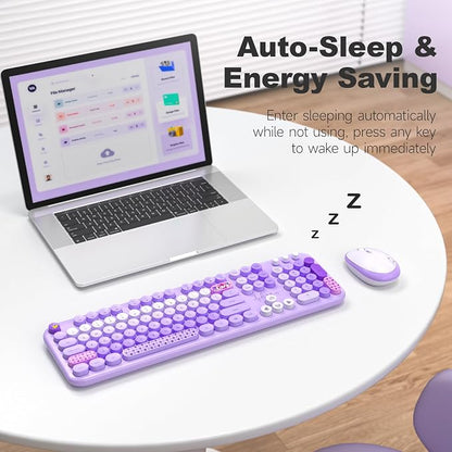 MOFII Wireless Keyboard and Mouse Combo, Full-Size Retro Typewriter-Style Wireless Keyboard with Optical Mouse for Computer/Laptop/Windows/Mac (Purple Mixed)