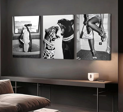 Bathroom Fashion Leopard Print Black and White Canvas Wall Art Trendy Women Posters Paintings Luxury Feminist Pictures Wall Decor for Bedroom Living Room Hallway Home Decoration 16x24 In Framed