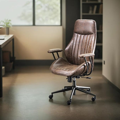 High Back Home Office Chair, Mid Century Vintage Executive Chair,Comfy Ergonomic Rolling Office Task Chair with Lumbar Support,Brown Faux Leather Office Chair,Dark Brown