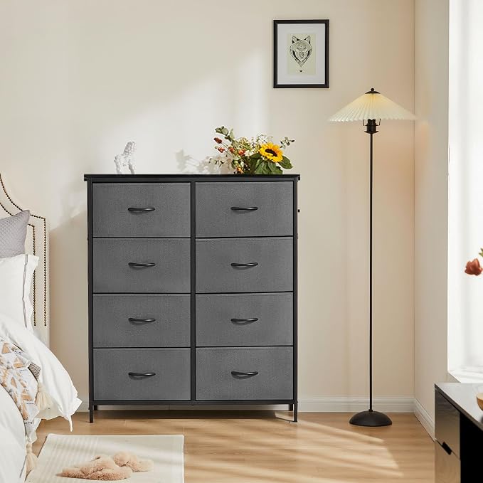 DUMOS 8 Drawer Dresser for Bedroom, Fabric Storage Organizer with Sturdy Metal Frame, Wooden Top Chest of Drawers for Closet Entryway Guest Room, Grey
