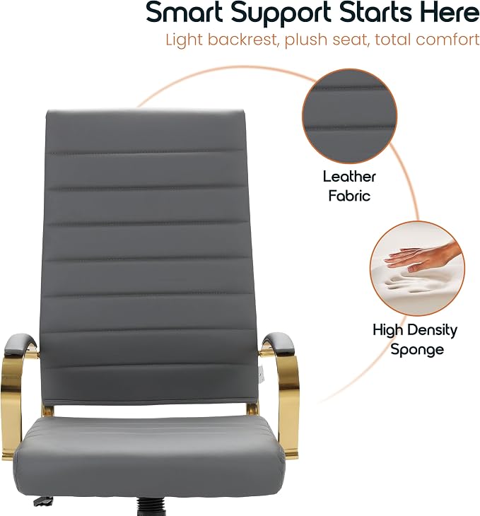 LeisureMod Modern High-Back Leather Office Chair - Swivel & Adjustable Executive Desk Chair with Gold Frame, Ergonomic Design for Home & Office (Grey, Set of 6)