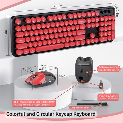Wireless Keyboard and Mouse, 104 Round Keycaps Retro Typewriter with OTG & Brush, Full-Size Ergonomic, Ideal for Windows PC, Home, Office and College Black Red