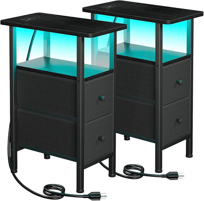LOAKEKEL Narrow Nightstand with Charging Station, End Tables Living Room Set of 2, Skinny Side Table with Fabric Drawers, Small Sofa Table with LED Light for Bedroom, Black, HETNDP02LBK