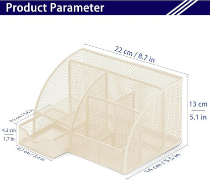 Boutilon Mesh Desk Organizer Desktop Office Supplies Stationary Organizer with 6 Compartments and 1 Drawer Multi-Functional Caddy Pen Holder for Home Office School Desk Decor(Beige)