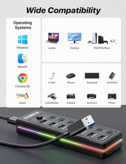 RGB USB Hub,7 Port USB Splitter Data Transfer for Gaming,Home,Office,School | USB 3.0 Hub with RGB LED Strip - Individual LED On/Off Switches for Laptop, PC, Mouse, Keyboard, Hard Drive