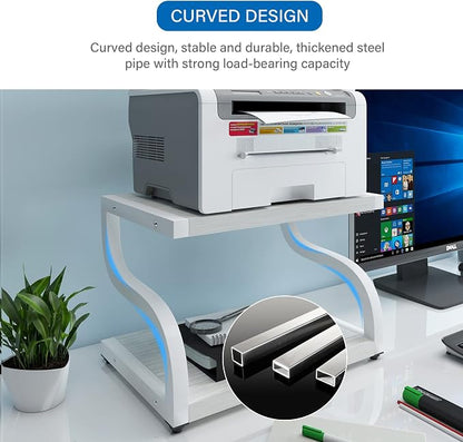 PUNCIA 2 Tier Wood Printer Stand with Storage Heavy Duty Desktop Shelf | White Modern Minimalist Style Fits Laser Printers Copiers Fax Machines, Organizer for Home Office Dorm Small Spaces