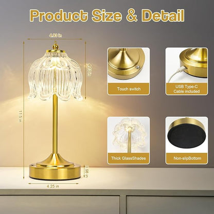 Cordless Lotus Flower Table Lamp, 5200mAh Rechargeable Battery Operated Portable Lamp, 3-Color Dimmable Touch Control Small Desk Lamp for Bedroom, Office, Kitchen, Nightstand,Room Decor (Flower Clear)